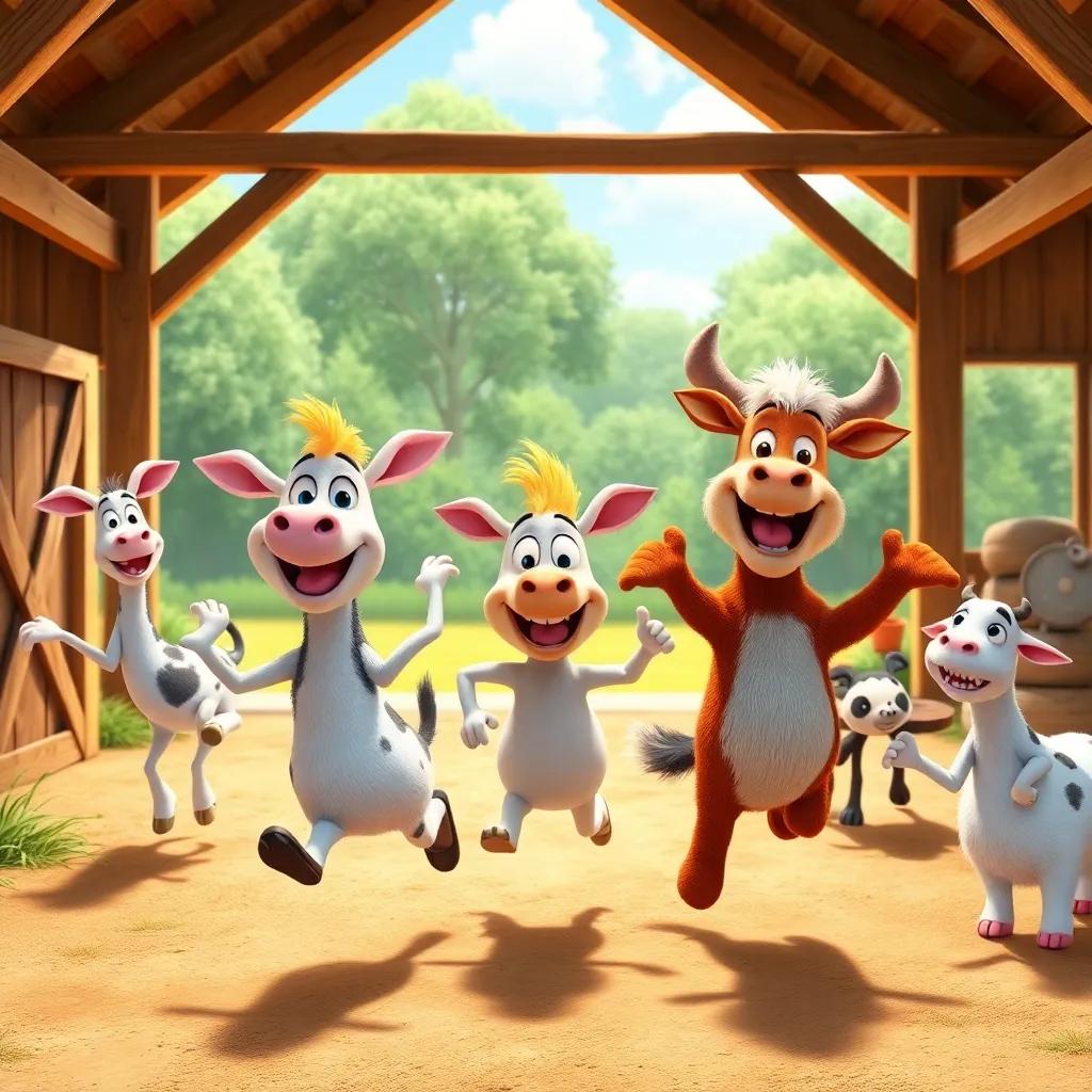 A happy barnyard scene with Reggie and his friends showcasing their unique talents like running and dancing, bright colors and joyful expressions, celebrating together, digital art, heartwarming, high quality