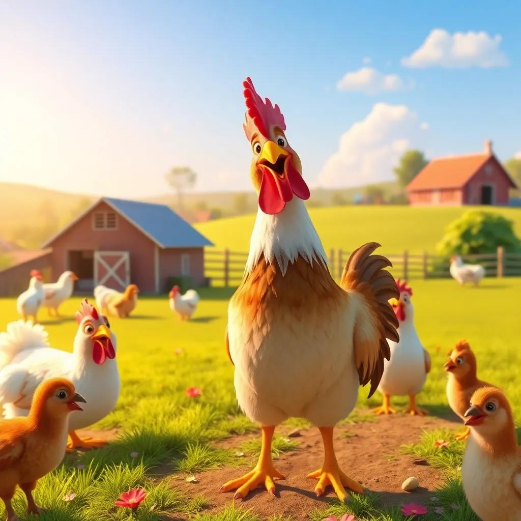 Reggie crowing happily in the morning, surrounded by his friends engaging in their daily activities, vibrant farm scene, sunny landscape, joyful mood, high quality