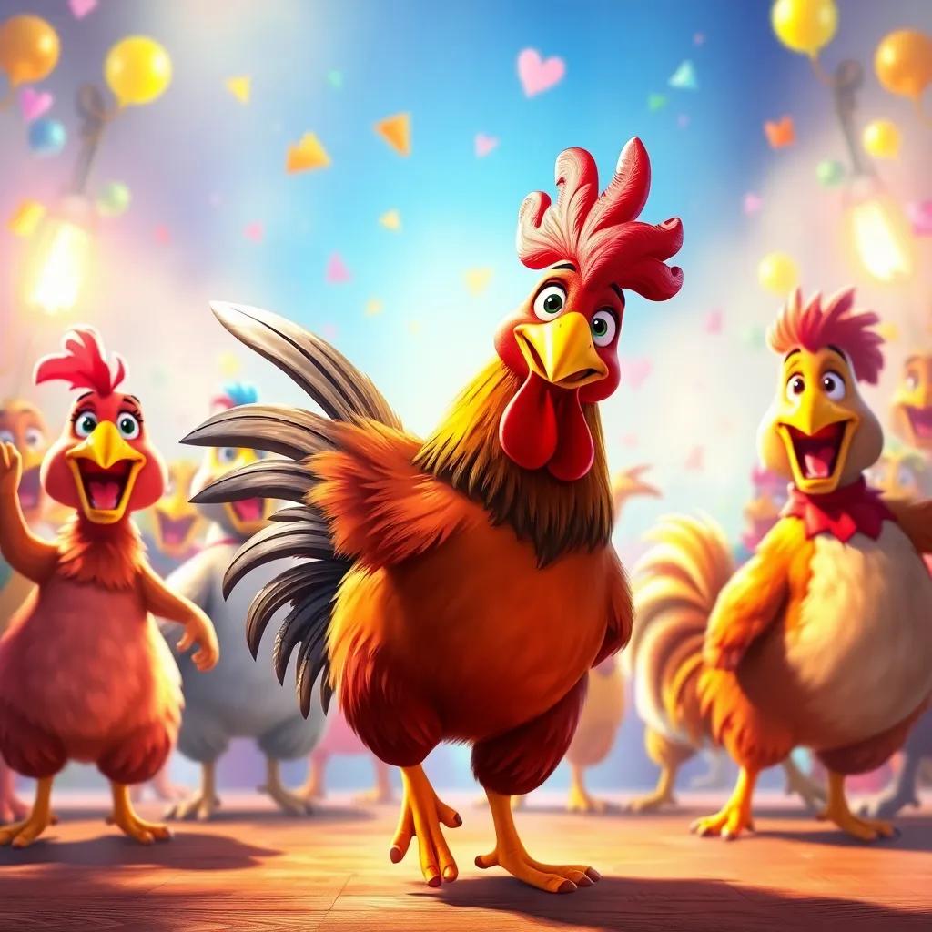 A joyful rooster, Reggie, leading his friends in a happy celebration, with everyone shining in their unique talents, vibrant colors, dynamic scene, digital painting, heartwarming, high quality