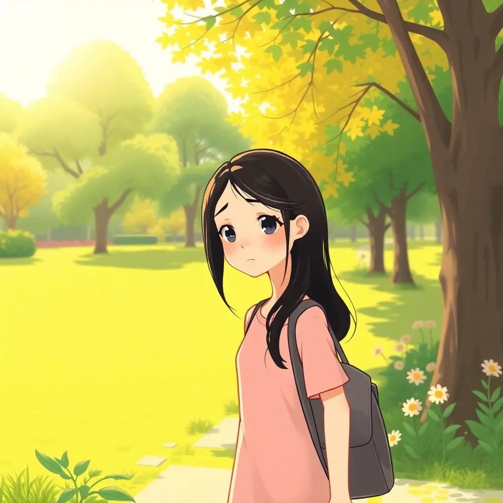 A young Asian woman, Kang-Dae, with black hair and a frown, walking in a sunny park with trees and flowers, looking thoughtful yet sad, illustration, vibrant colors, warm sunlight, inviting atmosphere, high quality