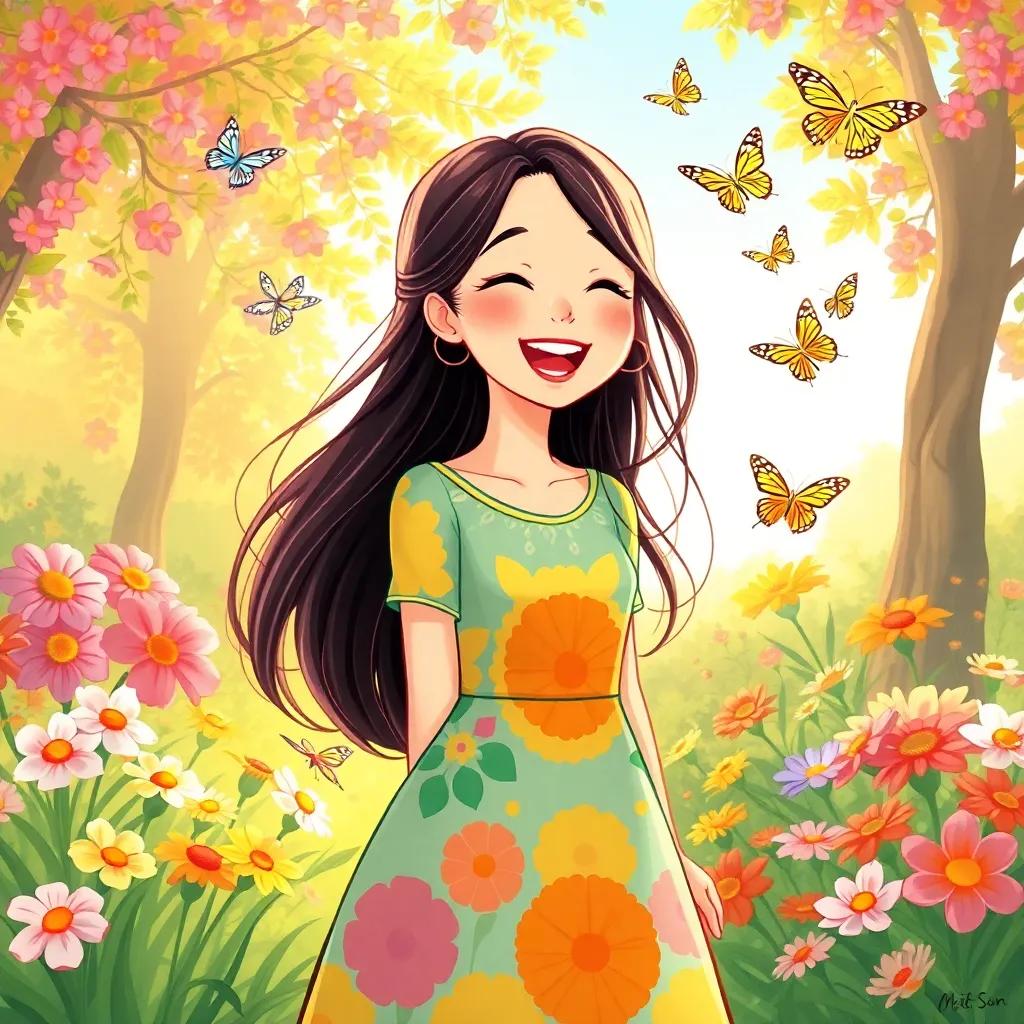 A cheerful young Asian woman, Mi-Sun, with long flowing hair wearing a colorful dress, laughing in a park filled with bright flowers, surrounded by playful butterflies and sunlight, illustration, joyful, lively colors, high quality