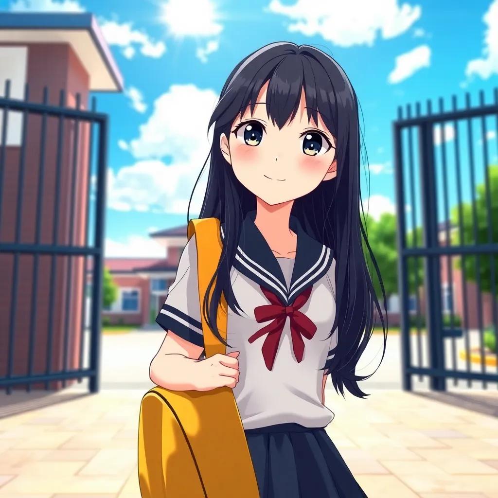 A young girl, Rhea, with long black hair wearing a school uniform, standing outside the school gates, holding a backpack under a bright blue sky, digital art, vibrant colors, hopeful atmosphere, high quality