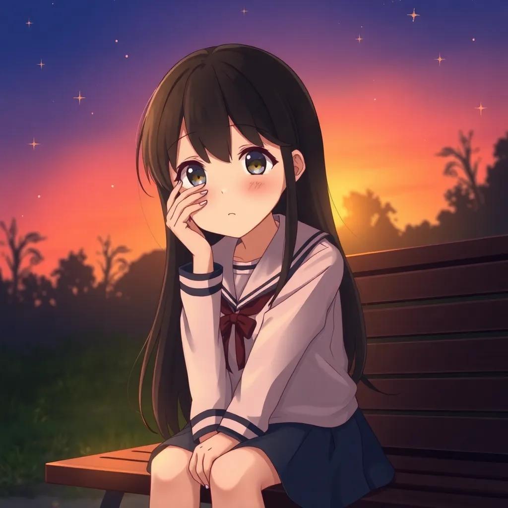A young girl, Rhea, with long black hair in a school uniform, sitting on a park bench at dusk, wiping tears from her eyes, surrounded by the creeping darkness and twinkling stars, illustration, emotional, reflecting mood, child-friendly