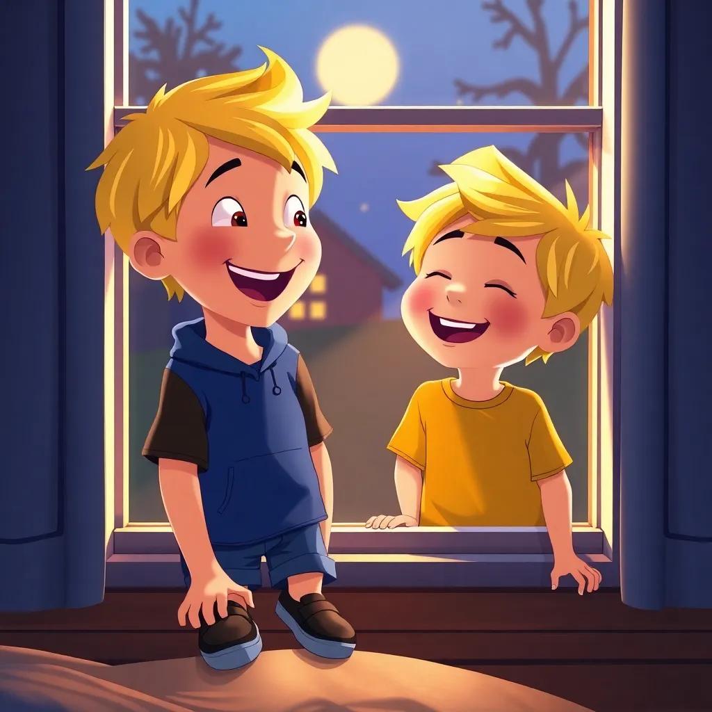 Two little boys, Rhett and Kai, with bright blonde hair, one older than the other, laughing by their bedroom window at night, digital art, warm colors, playful atmosphere, high quality