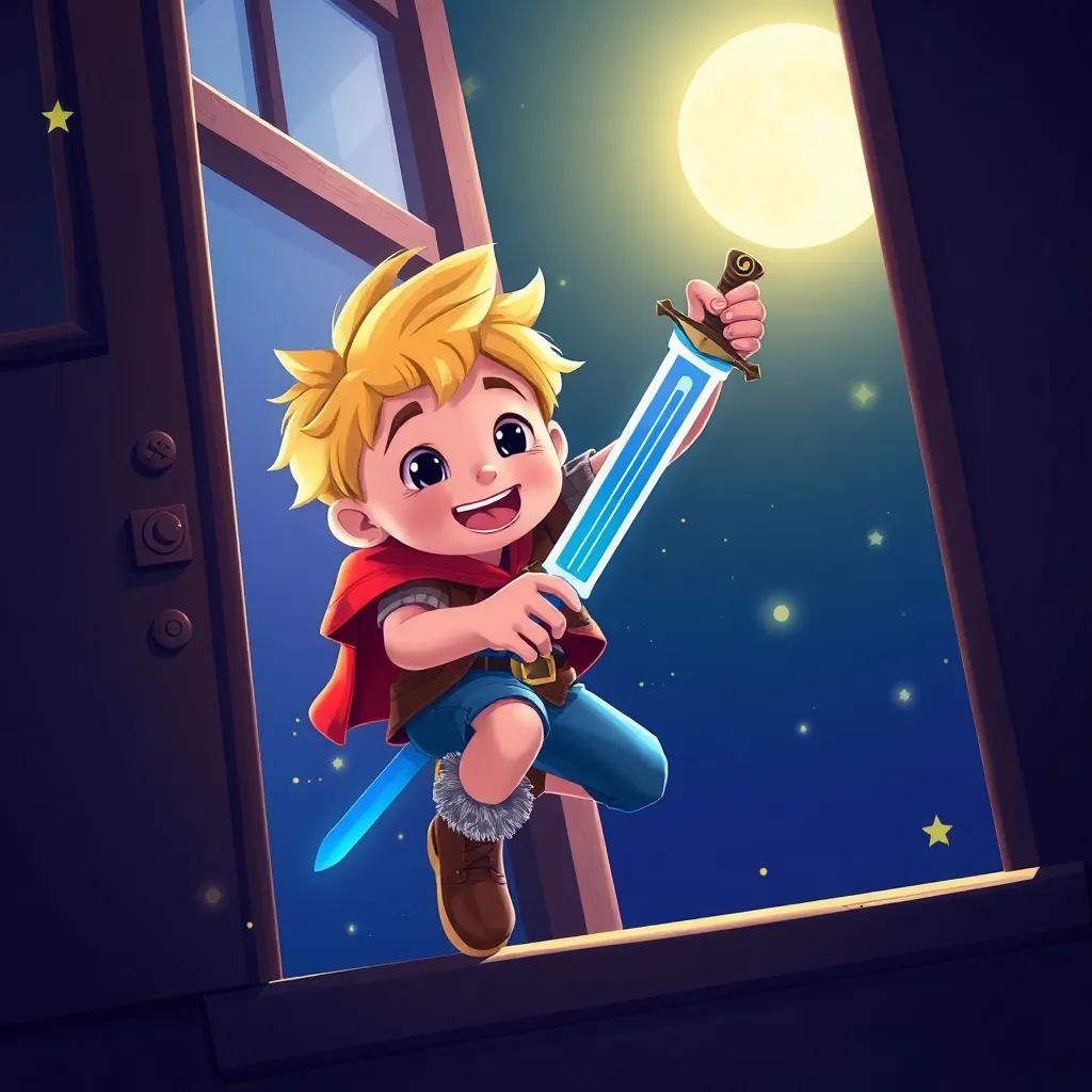 Rhett, a little blonde boy, climbing out a window with a shiny sword, stars glowing and moonlight shining, showcasing excitement and adventure, detailed digital art, vibrant colors, cheerful mood, high quality
