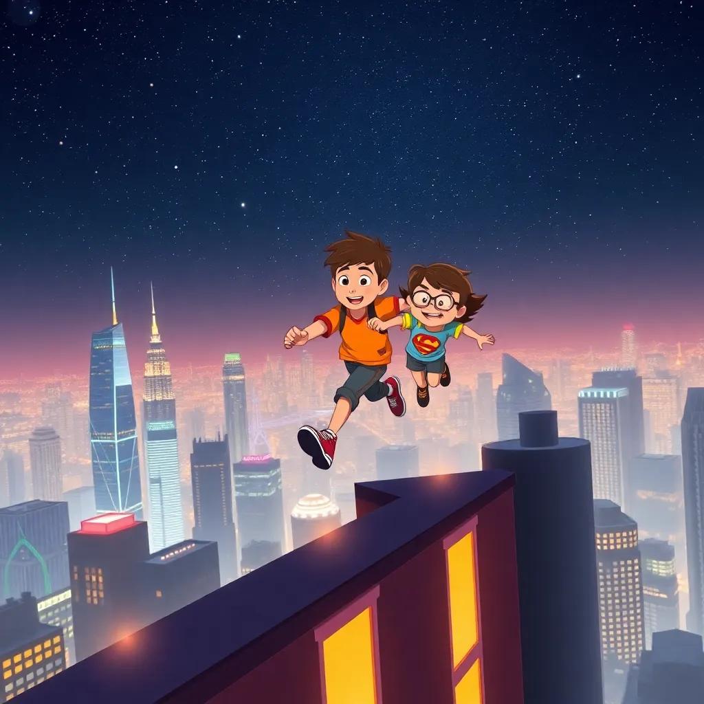 The city skyline under the starry sky, Rhett and Kai running across the rooftop, with glowing lights below, action-packed and thrilling, illustration, energetic colors, adventurous spirit, high quality