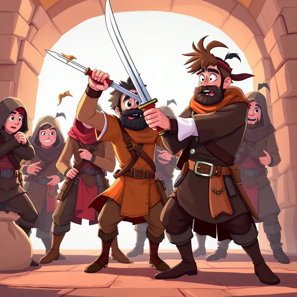 A group of robbers, startled, dropping their bags as Rhett swings his sword with Kai beside him, feeling brave, cartoonish style, dynamic colors, engaging scene, high quality