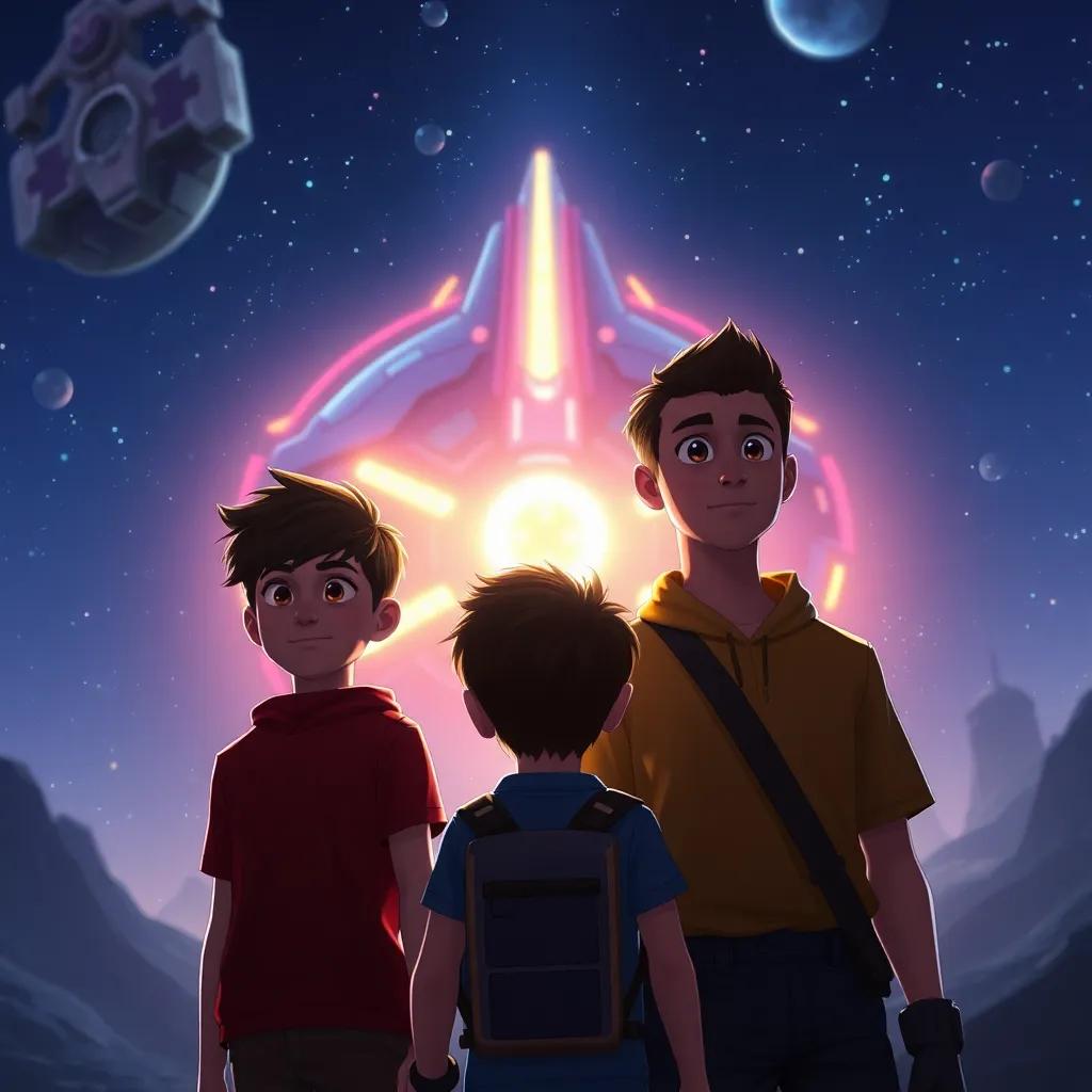 Rhett and Kai standing together facing a glowing alien spaceship in the night sky, ready for battle with determination in their eyes, sci-fi theme, colorful, intense atmosphere, high quality