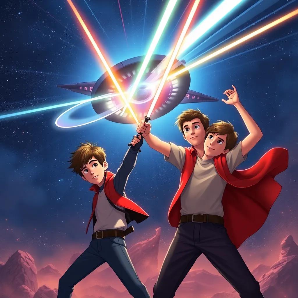 The boys deflecting laser beams coming from the alien ship, Rhett striking his sword and Kai confidently raising his arms, dramatic scene, colorful, action-oriented, high quality