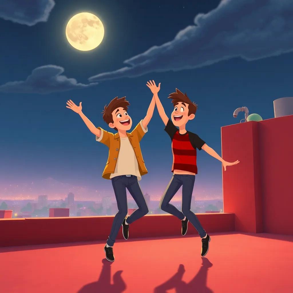 Rhett and Kai dancing joyfully on the rooftop after defeating the aliens, the moon high above, capturing their happiness, lively illustration, bright colors, playful mood, high quality
