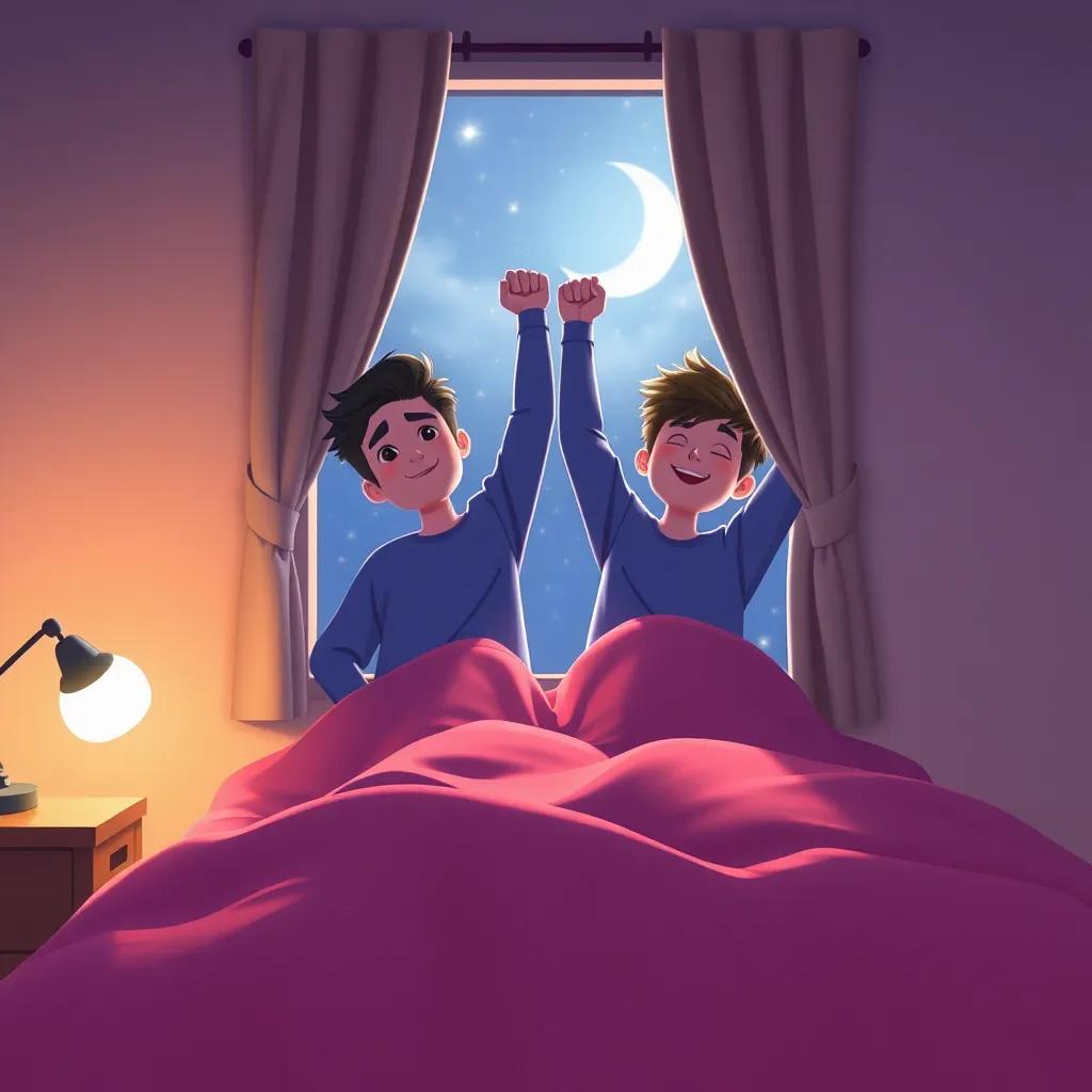 Rhett and Kai climbing back through their bedroom window, sleepy but victorious, under warm blanket covers, heartwarming, bedtime scene, soft colors, cozy atmosphere, high quality