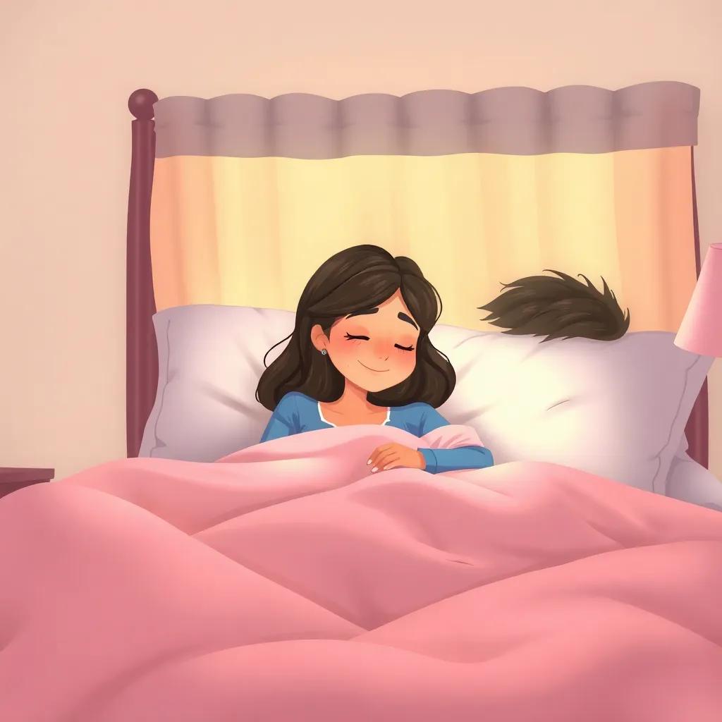 A warm bedroom scene show their mother looking into their room, smiling softly as they lay under the covers, cozy and comforting, soft colors, inviting warmth, high quality
