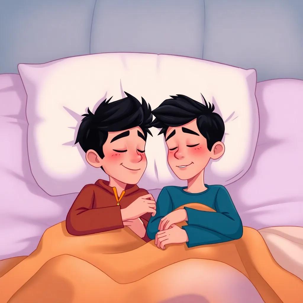 Rhett and Kai with sleepy smiles, whispering secrets about their adventure as they snuggle in bed, portraying their bond as brothers, cartoon style, heartwarming colors, cozy and sweet moment, high quality