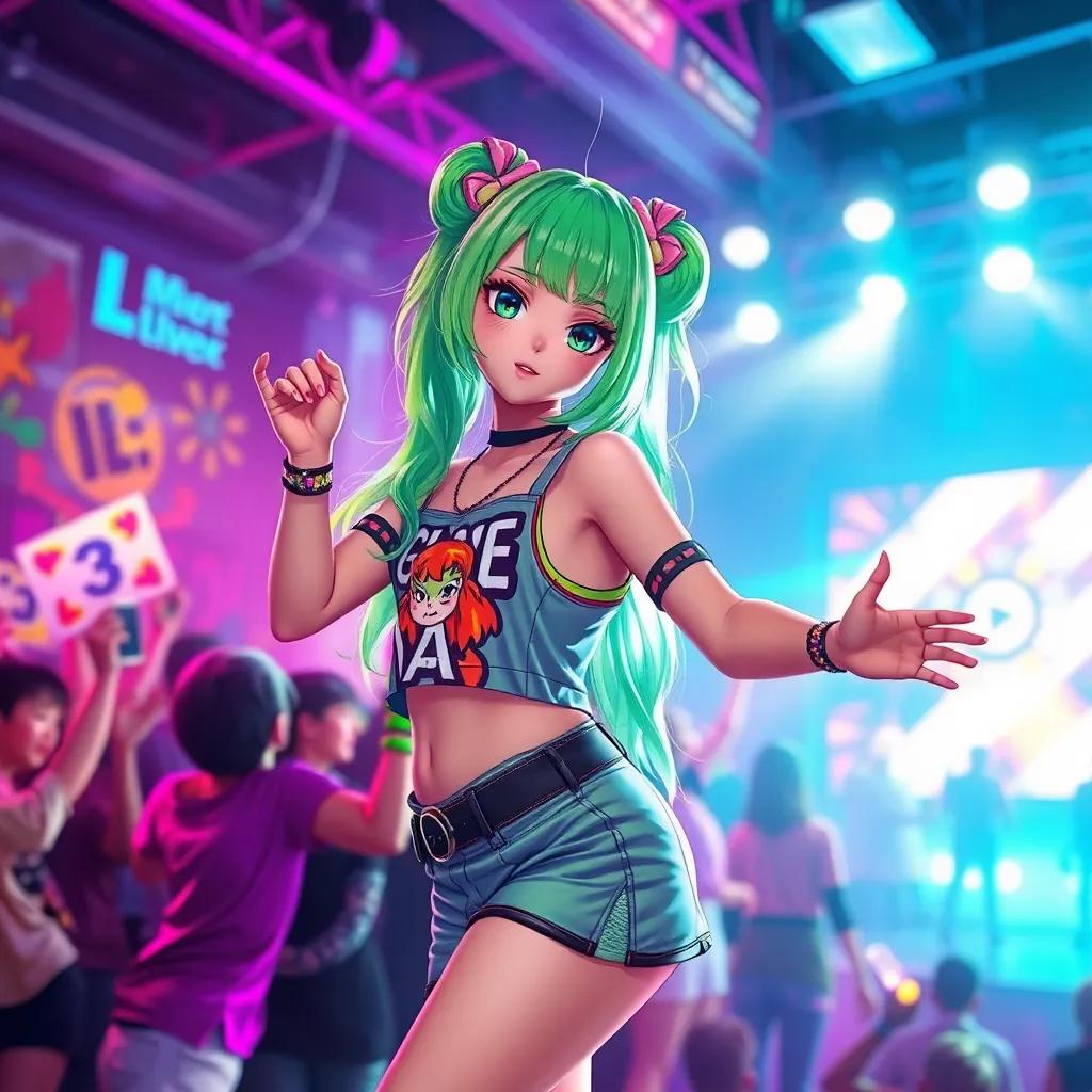 A young girl, Mia, with bright green hair, wearing a funky outfit and dancing at a concert, surrounded by cheering fans and colorful lights, digital art, vibrant colors, energetic atmosphere, high quality