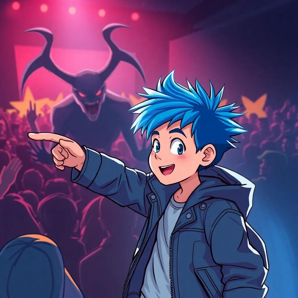 A young boy, Jake, with spiky blue hair and a cool jacket, pointing at a shadowy demon in the concert crowd, a mix of excitement and determination on his face, illustration, action-packed, child-friendly, high quality