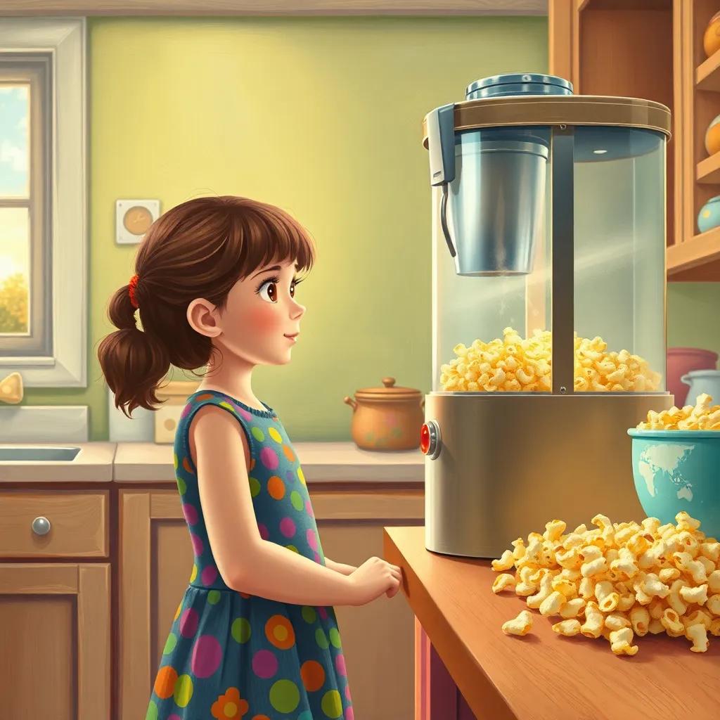 Ria, a smart and curious girl with brown hair, wearing a colorful dress, watching the magic popcorn machine with anticipation in a bright kitchen, after pressing the glowing red button, details of popped and unpopped corn, cheerful atmosphere, illustration, engaging, child-friendly, high quality