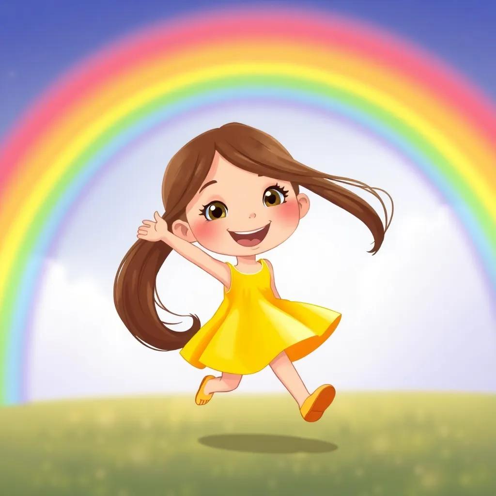 A little girl named Jenny, with long brown hair wearing a bright yellow dress, smiling and running joyfully under a colorful rainbow, illustration, vivid colors, happy atmosphere, high quality