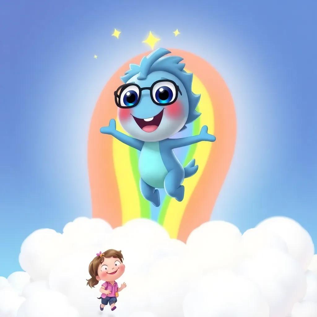 Ricky the Rainbow, sparkling with colors, hopping over fluffy white clouds, Jenny giggling below, vivid scene, fun and playful, cartoon style, high quality
