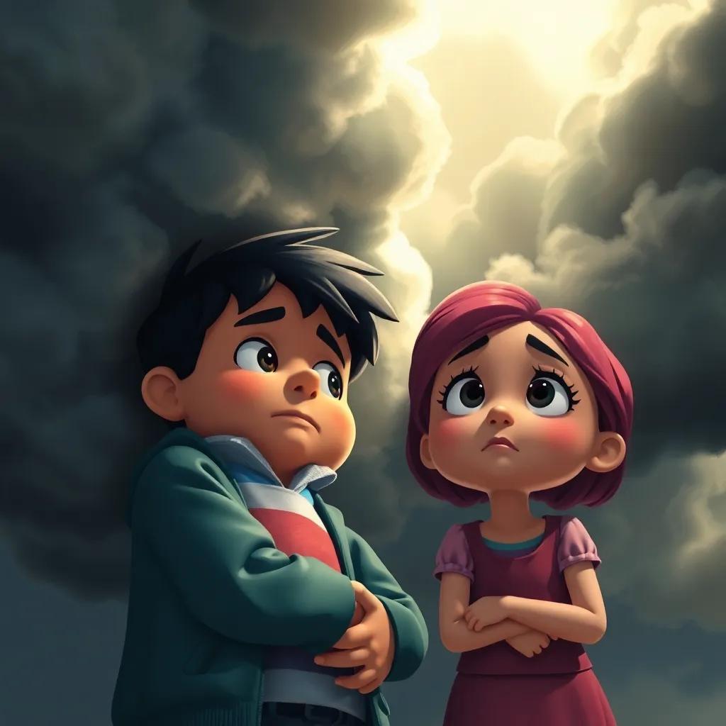 Dark clouds rolling in, hiding Ricky, with a sad Jenny looking up, colorful scene, contrasting light and shade, emotional, high quality