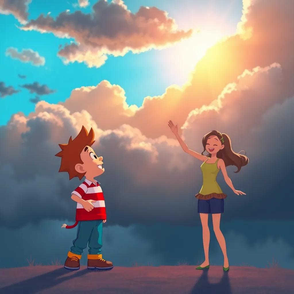 Ricky shining brightly, pushing dark clouds away, Jenny joyfully spotting him again, vibrant light breaking through the clouds, illustrative style, colorful, high quality