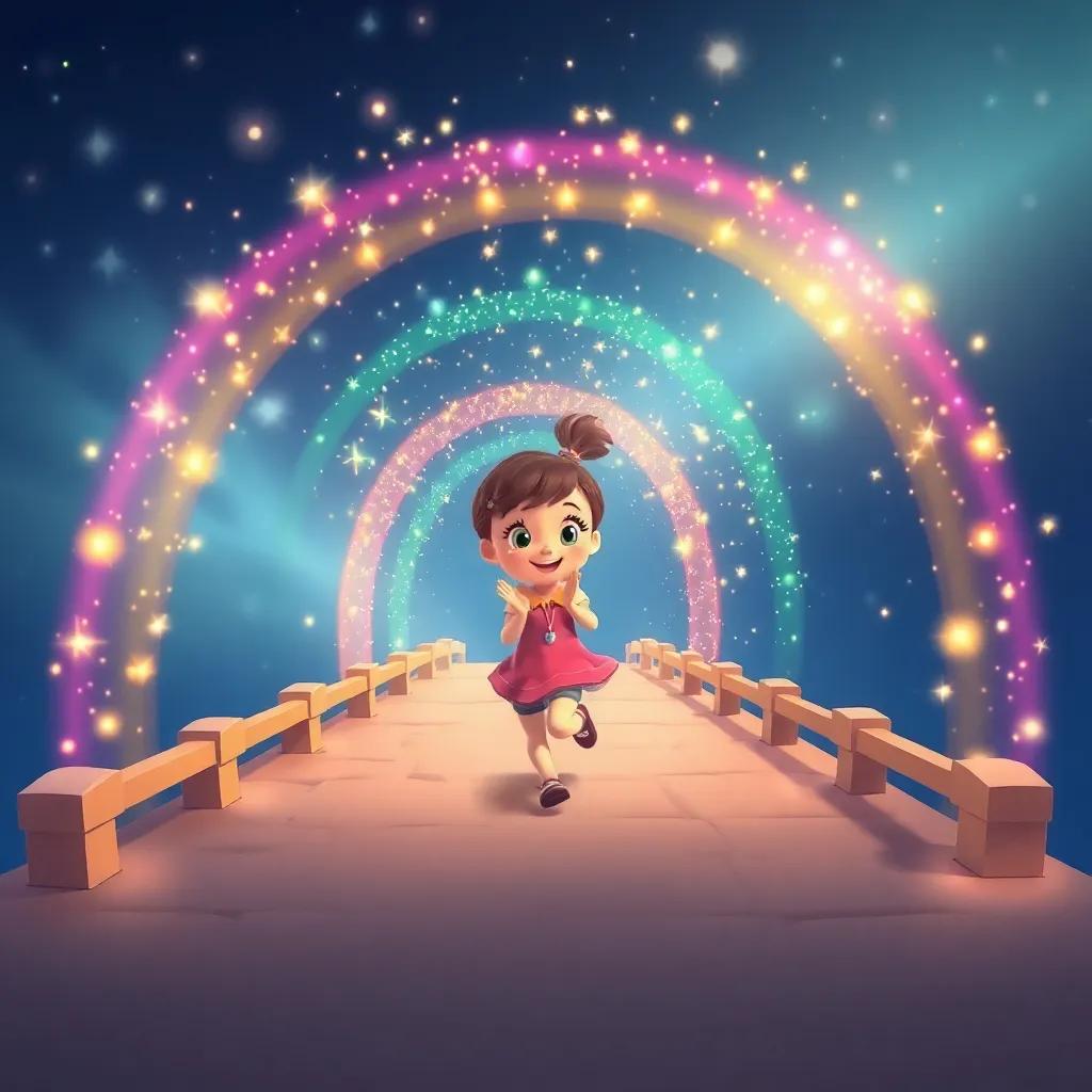 A rainbow bridge made of twinkling colors, with Jenny happily clapping and running towards it, magical atmosphere, playful, bright colors, cartoon style, high quality
