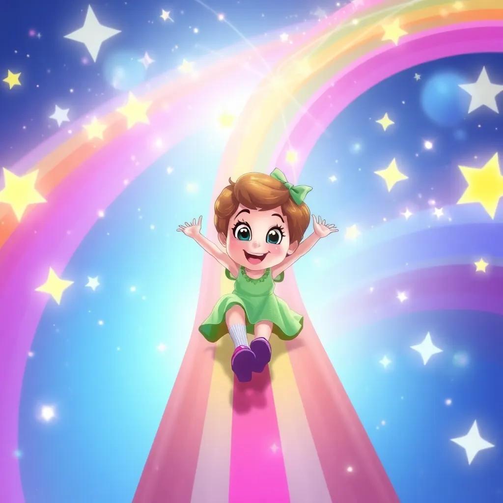 Jenny sliding down the rainbow bridge, with twinkling stars and bright colors around her, joyful expression, magical scene, whimsical style, high quality