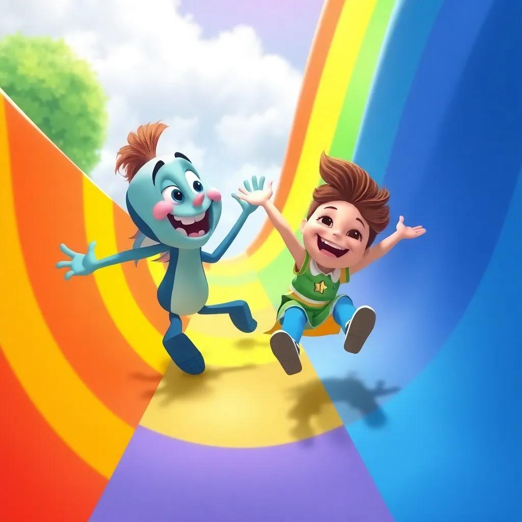 Ricky giggling as Jenny flies down the rainbow slide, cheerful colors surrounding them, playful energy, vivid illustration, high quality
