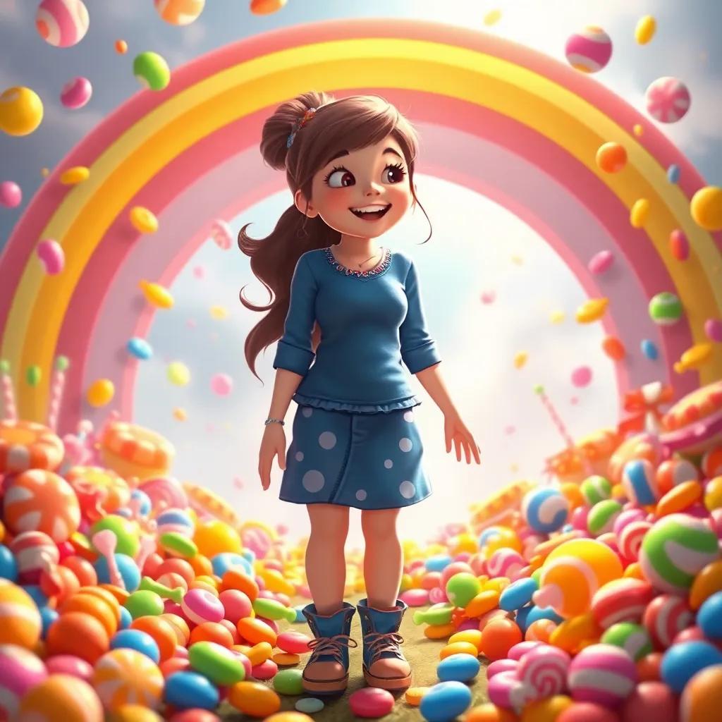 Jenny at the end of the rainbow, surrounded by colorful candies and sweets, joyful and amazed, charming scene, bright colors, high quality