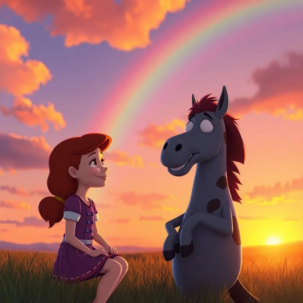 Jenny and Ricky at sunset, the rainbow fading but shining still, Jenny promising to return, heartwarming scene, warm colors, high quality