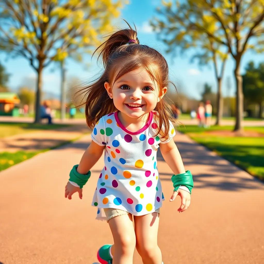 A girl named Riley, with brown hair in a ponytail, wearing colorful roller skates and a cheerful outfit, skating happily in a sunny park, vibrant colors, fun atmosphere, playful perspective, high quality