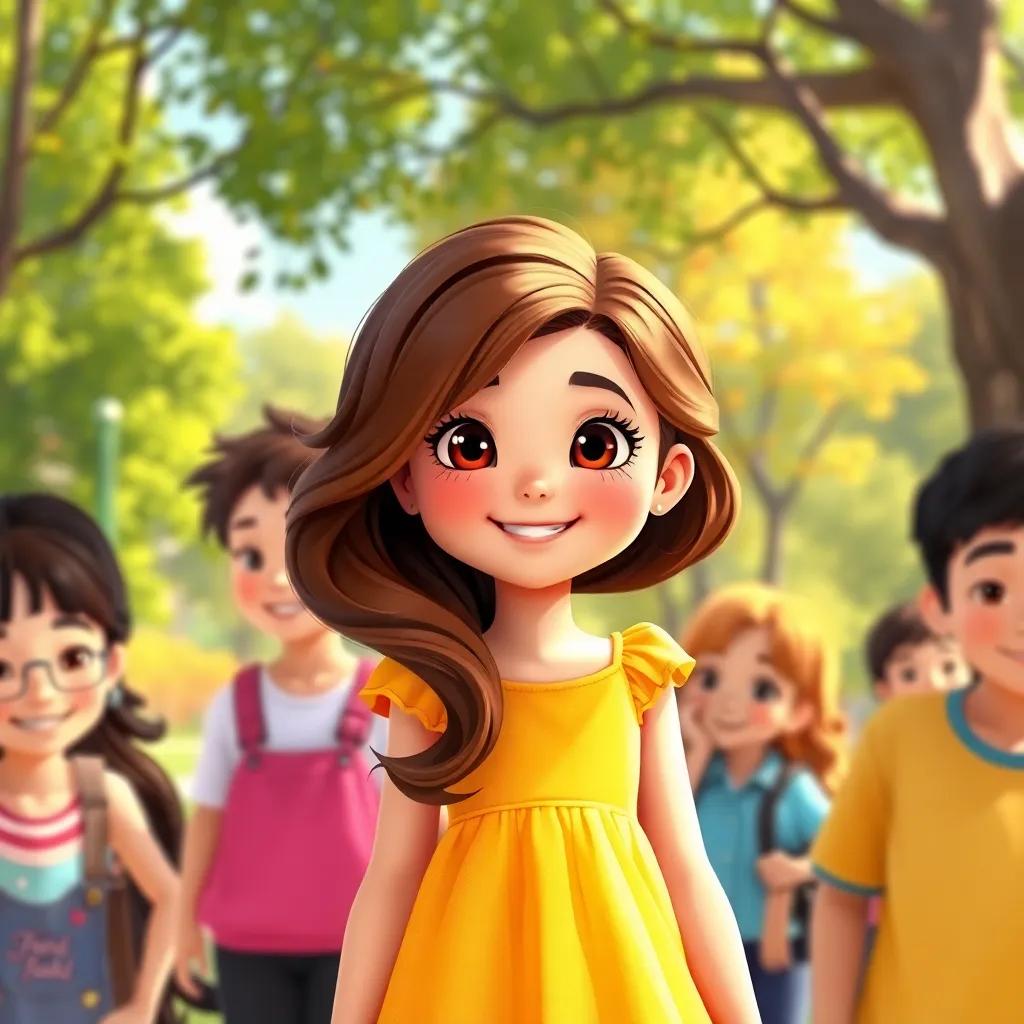 A cheerful young girl, Rina, with wavy brown hair wearing a bright yellow dress, surrounded by her friends in a sunny park, digital art, vibrant colors, joyful atmosphere, high quality