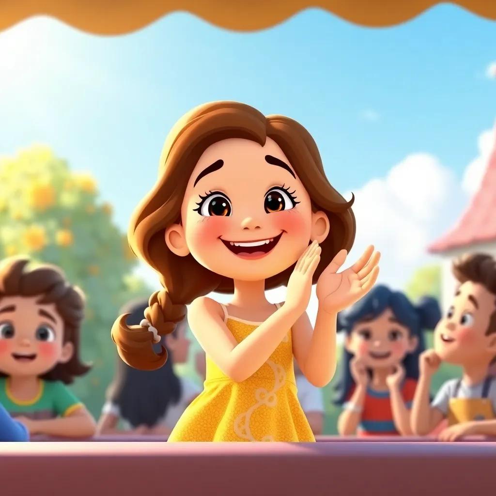 Rina, a cheerful girl with wavy brown hair in a bright yellow dress, smiling and clapping her hands as her friends guess riddles, sunny backdrop, whimsical environment, cartoon style, high detail