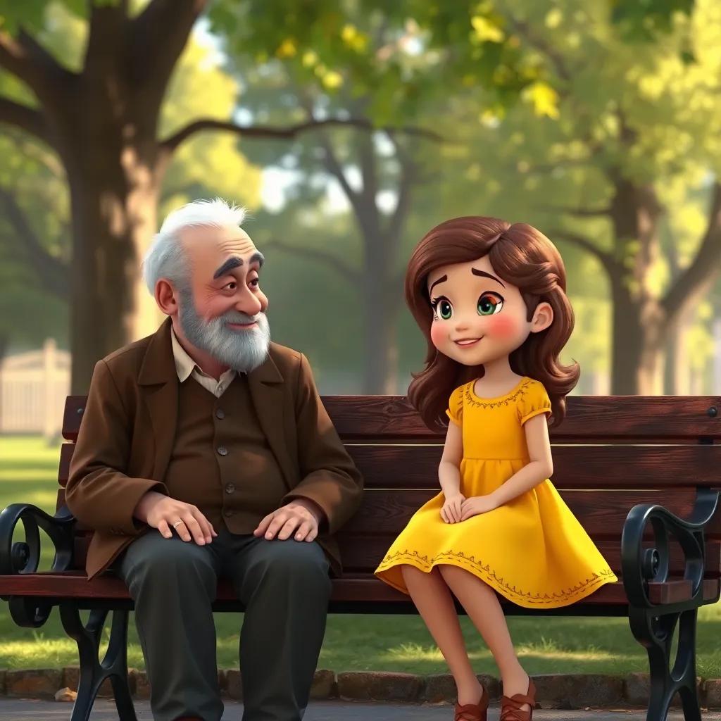Rina, a little girl with wavy brown hair in a bright yellow dress, talking to an old man with a friendly smile sitting on a park bench, under the shade of trees, nostalgic atmosphere, digital painting, heartwarming