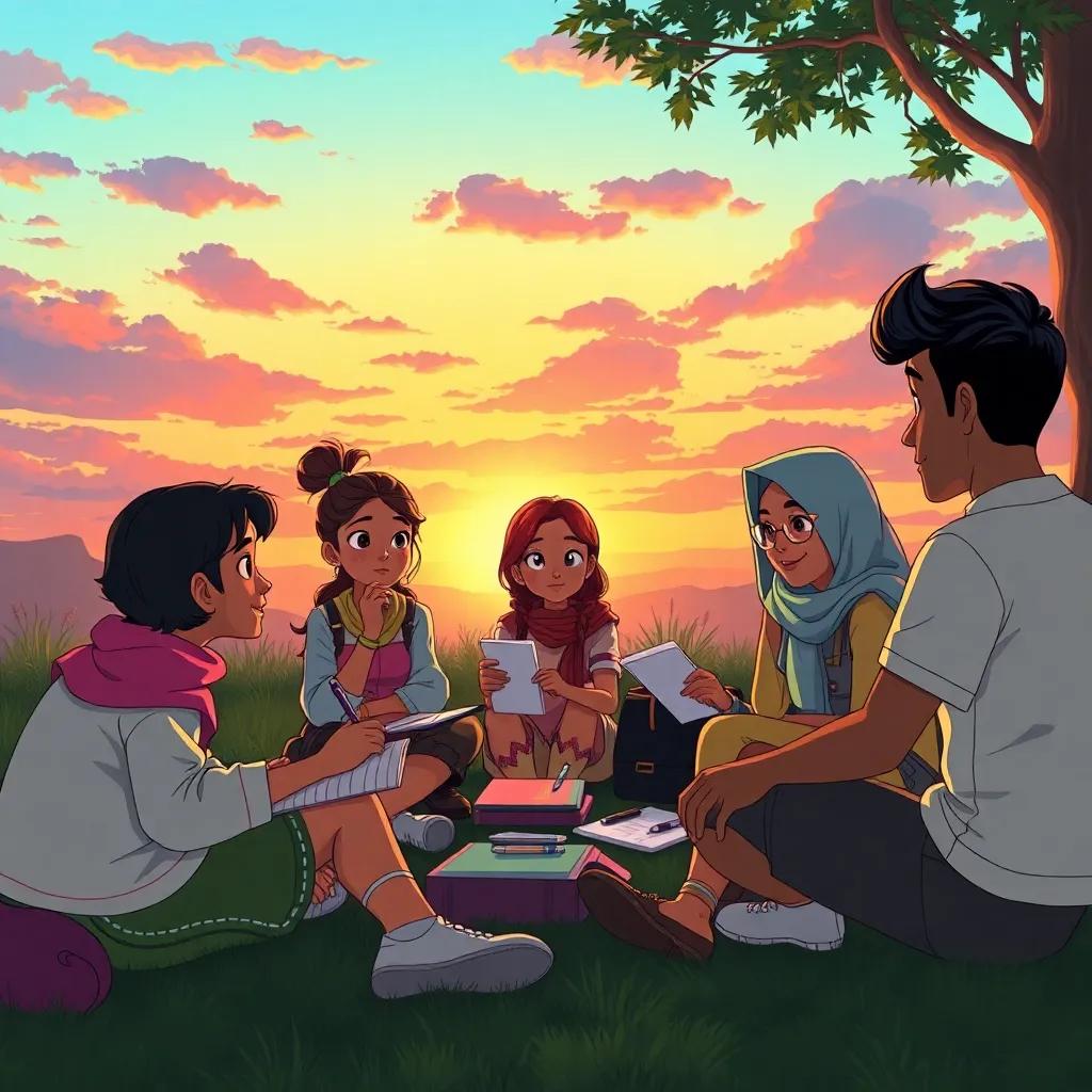 Rina and her friends, including Mina and Raj, sitting in a circle with notebooks and pens, brainstorming riddles under a colorful sunset, creative and imaginative vibe, warm colors, enchanting scene