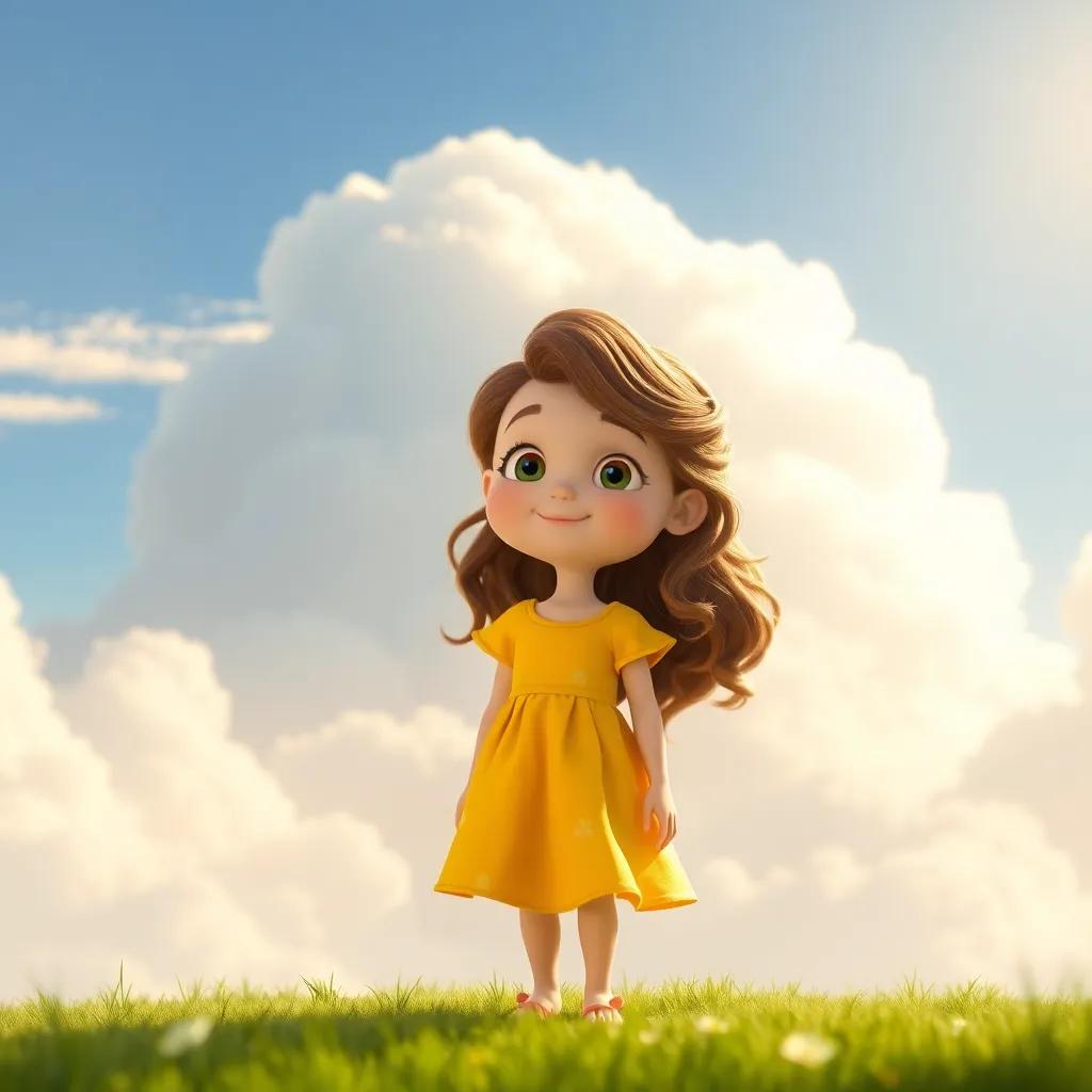 A whimsical scene of Rina, a young girl with wavy brown hair in a yellow dress, standing in front of a big fluffy cloud in the sky, sunlight illuminating the scene, playful style, imaginative art