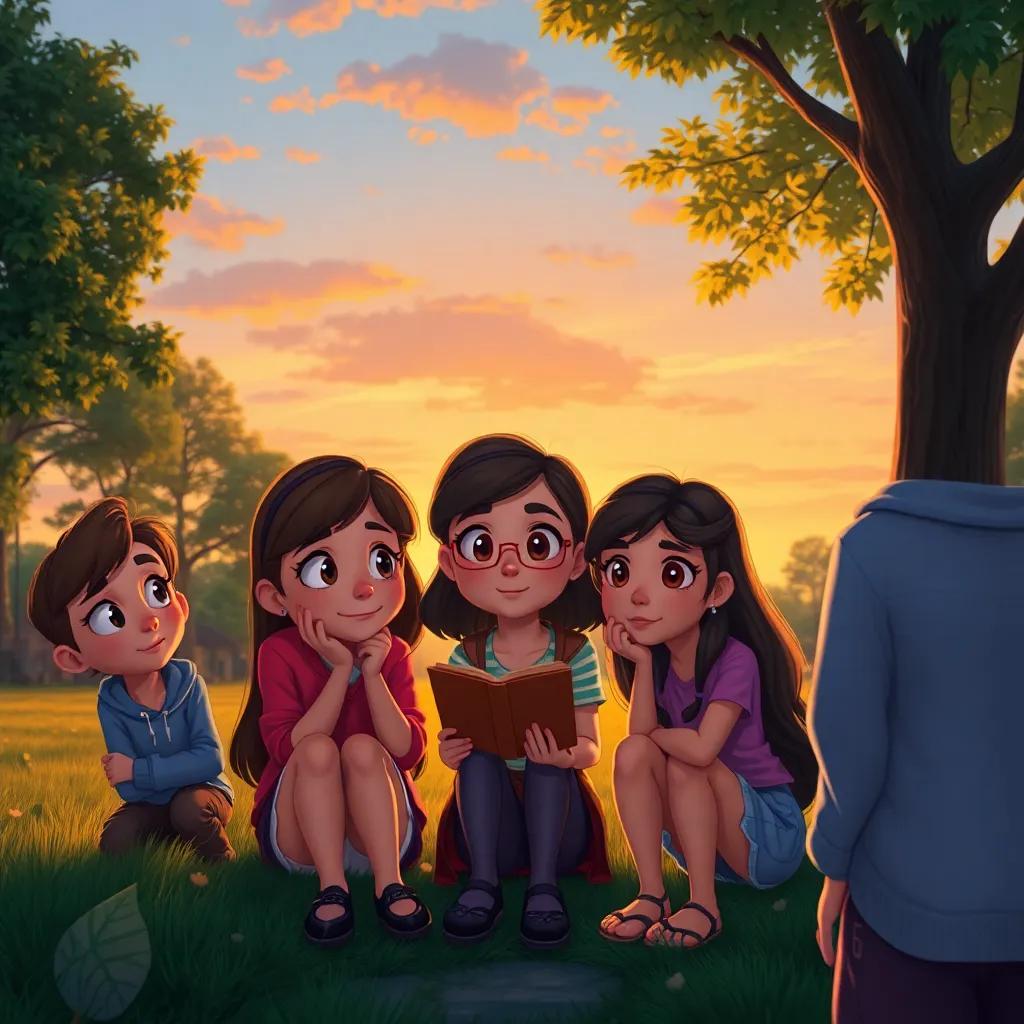 Rina and her friends, with varied expressions, pondering over the riddle at sunset, with the park in the background, detailed illustration, golden hour, inviting atmosphere