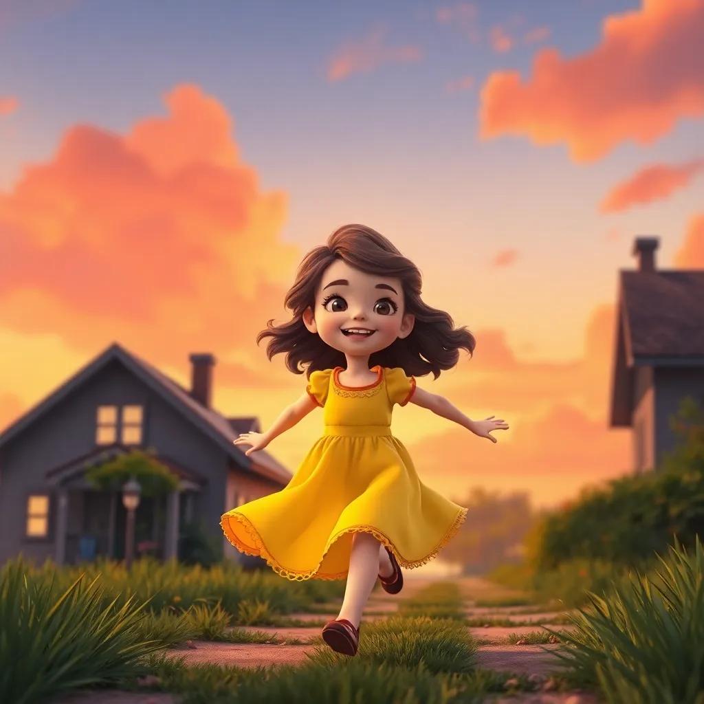 Rina, a young girl with wavy brown hair in a yellow dress, joyfully running home with a smile, the sky painted in shades of orange and pink, warm and uplifting, magical feeling, digital art