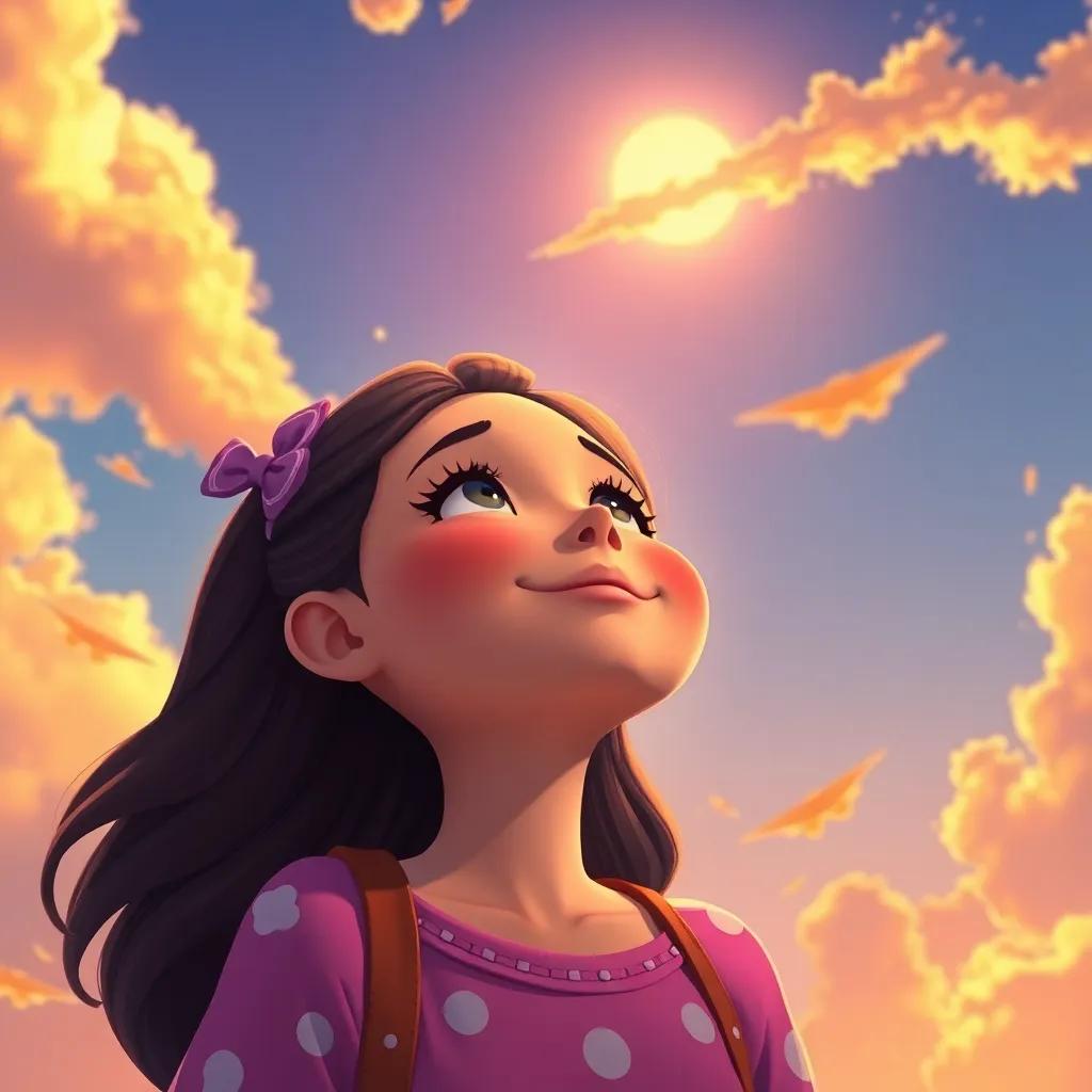 Rina gazing up at the sky, clouds floating above, a satisfied smile on her face, the sun's last rays illuminating the scene, heartwarming atmosphere, enchanting style