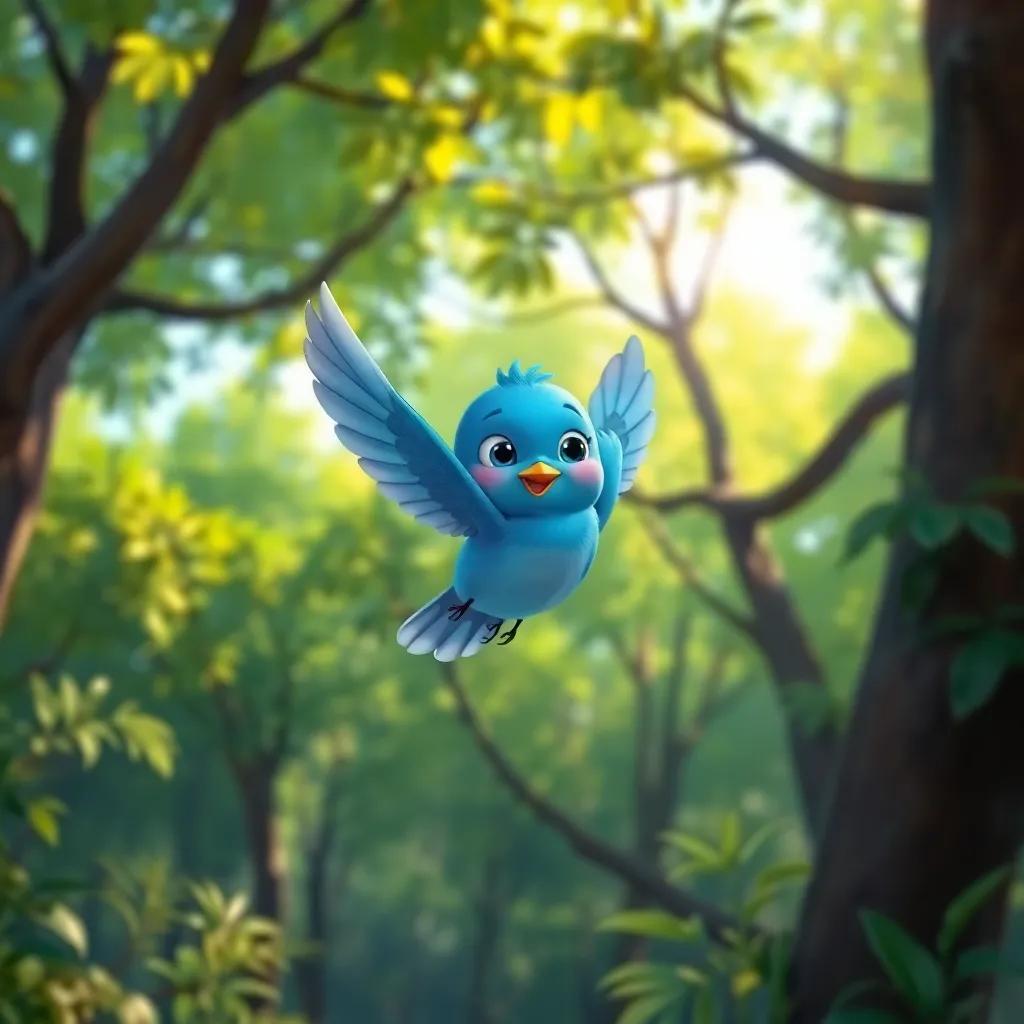 A blue little bird, Río, flying over a green forest, with trees and sunlight filtering through leaves, vibrant colors, cheerful and lively atmosphere, digital art, high quality