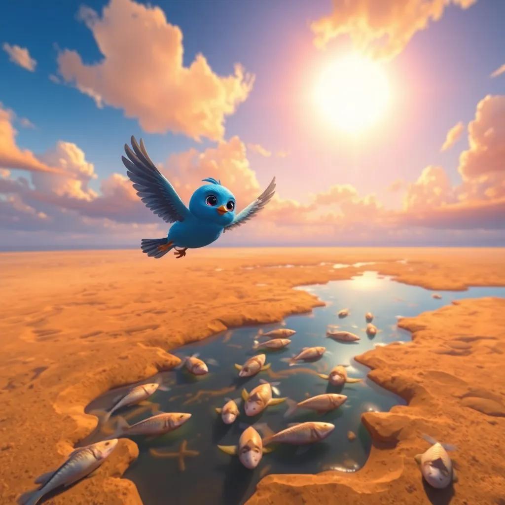 Río, a blue little bird, flying above a dry lake where fish are flapping in mud, the scene captures urgency, with vibrant sky, warm light, perspective from above, colorful, child-friendly illustration