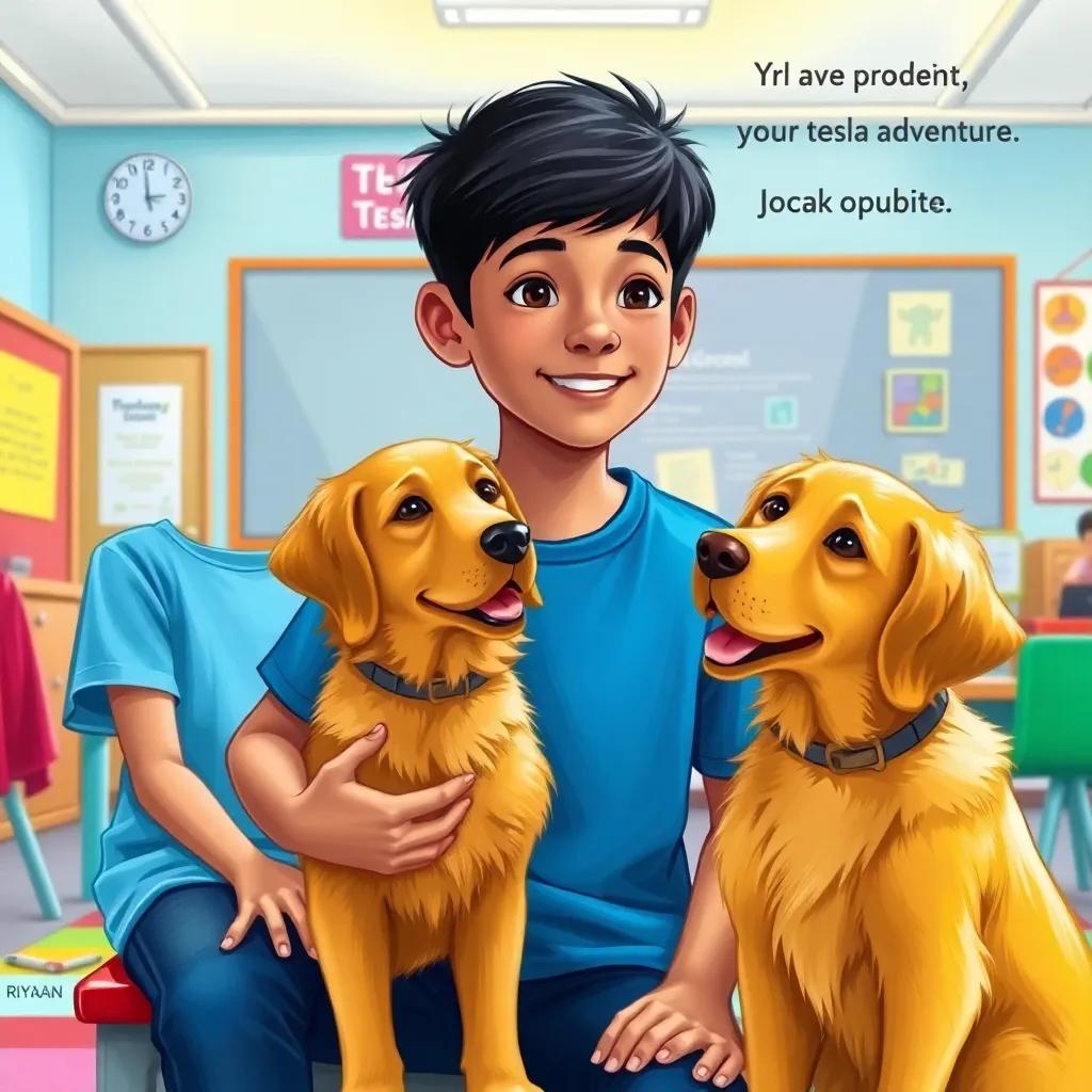 Riyaan, a young boy with short black hair, in a blue t-shirt sitting with his golden retriever Jack and his friend Sara in a colorful classroom, talking excitedly about their flying Tesla adventure, vibrant illustration, engaging colors, fun vibe, child-friendly