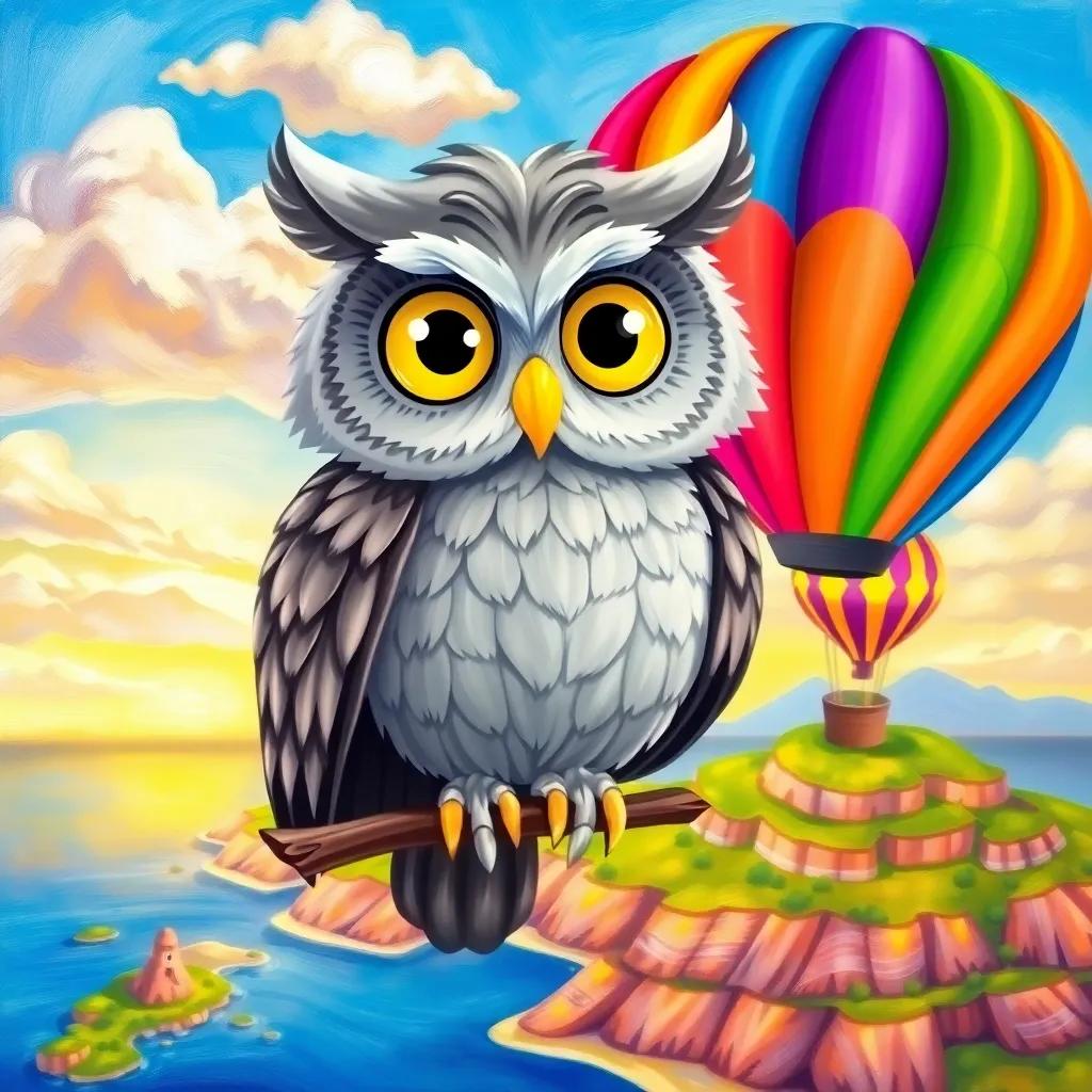 A wise owl named Lila, with large yellow eyes and soft gray feathers, perched on a colorful balloon in the sky above a vibrant island, sunny day, cartoonish style, inviting bright colors, high quality