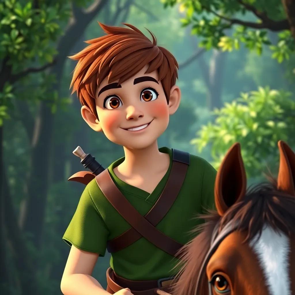 A young man, Robin Hood, with short brown hair, wearing a green tunic, riding a horse through a lush green forest, vibrant colors, cheerful mood, high quality