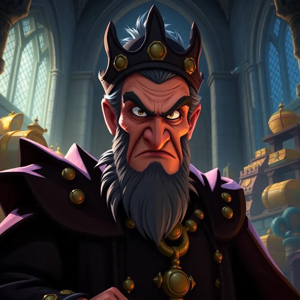 An evil Sheriff of Nottingham with a scowl, in a dark robe, in a castle filled with treasures, looking angry and greedy, detailed illustration, moody lighting, dramatic scene