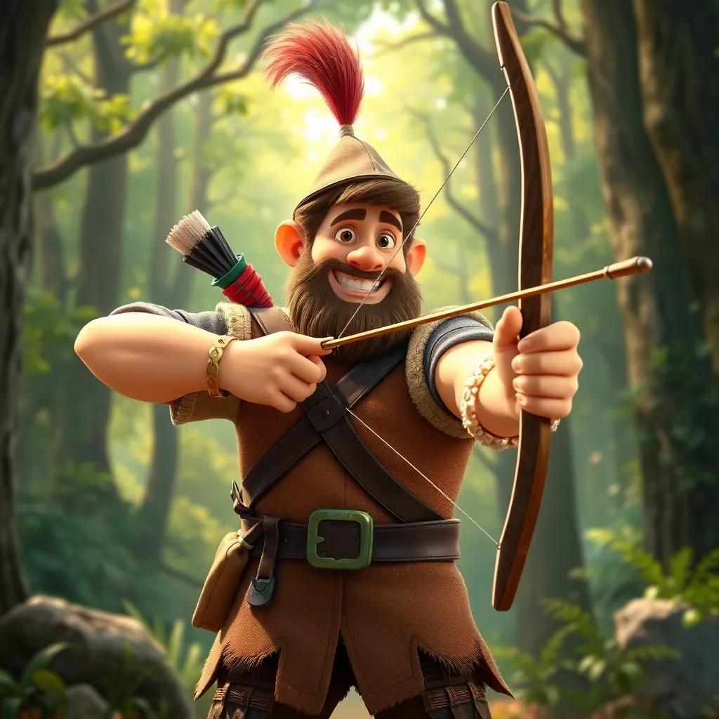 Little John, a tall man with a broad build, wearing rustic clothing and a big smile, practicing archery with Robin Hood in Sherwood Forest, action-packed, bright colors, fun atmosphere