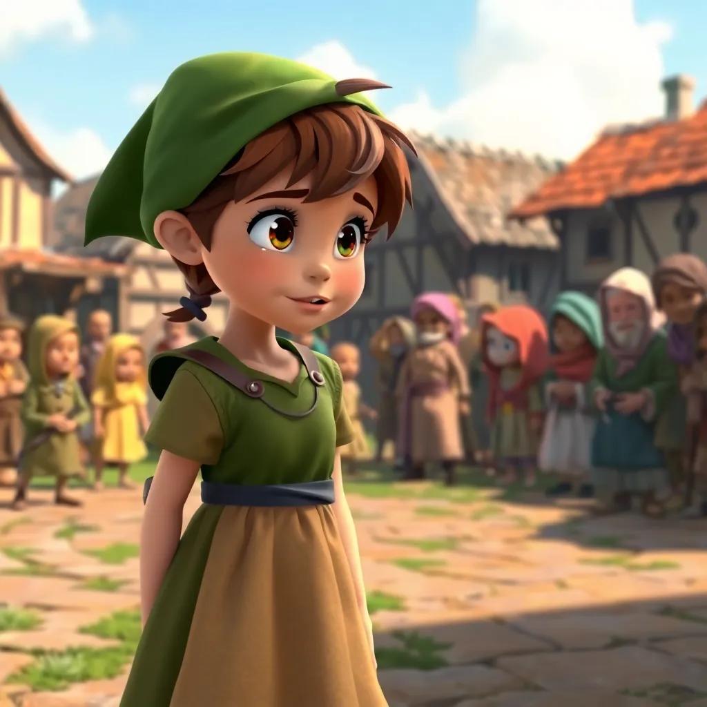 A young girl in a simple dress, with tears in her eyes, speaking to Robin Hood in a village square surrounded by poor townsfolk, colorful, heartwarming, touching scene