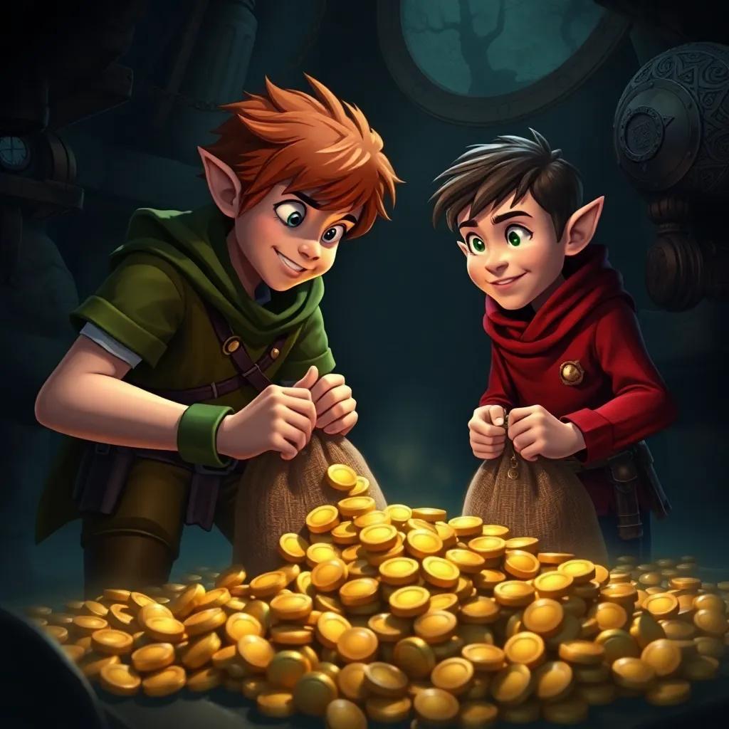 Robin and Little John filling their bags with gold coins in a dark room, surrounded by shimmering treasures, suspenseful atmosphere, detailed art, exciting