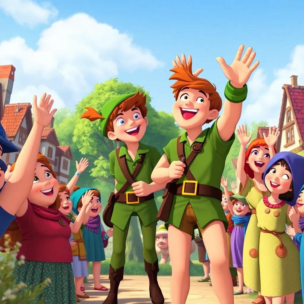 Townsfolk cheering happily, waving to Robin Hood and his merry men as they escape into the forest, joyful expressions, bright colors, uplifting scene
