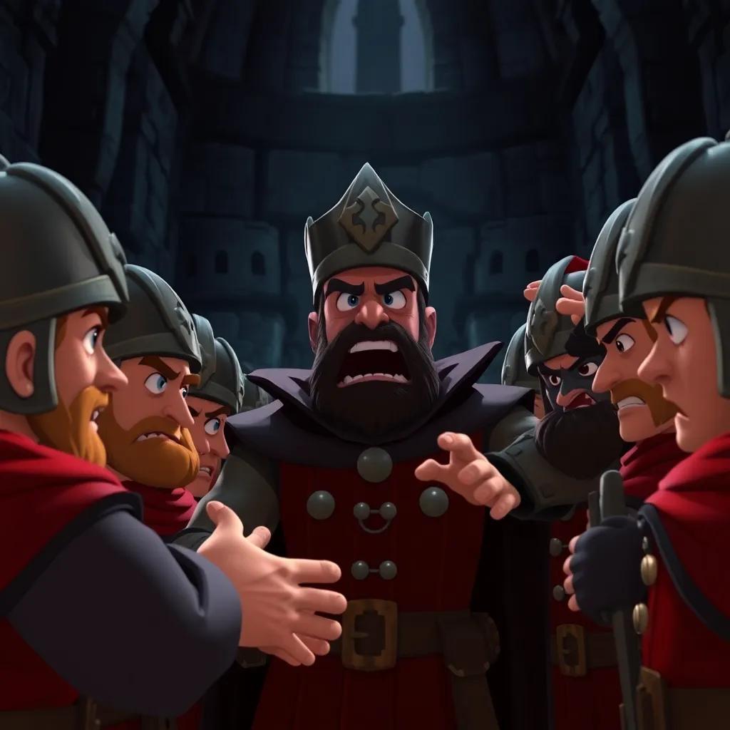 The Sheriff angrily shouting orders to his guards in a dark castle, with animated faces and expressive gestures, dramatic atmosphere, high quality