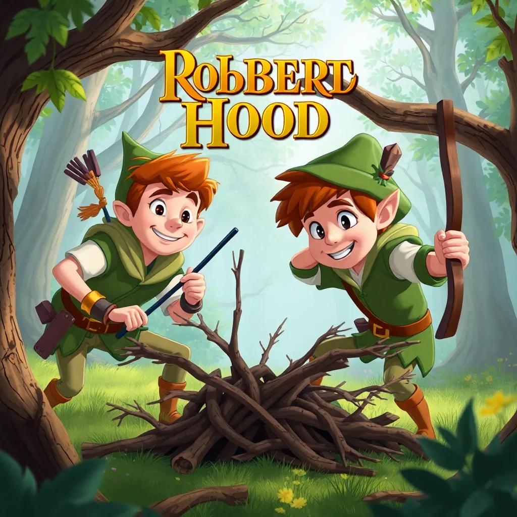 Robin Hood and his men setting a clever trap with branches in Sherwood Forest, teamwork and cooperation theme, lively illustration, focused expressions